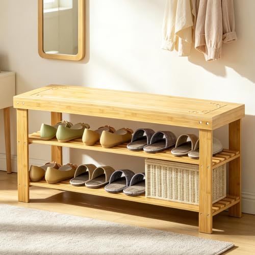Bamboo Shoe Rack Bench 3-Tier Shoe Storage Organizer Entryway Bench for Entryway Bathroom Bedroom，Natural