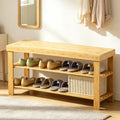 Bamboo Shoe Rack Bench 3-Tier Shoe Storage Organizer Entryway Bench for Entryway Bathroom Bedroom，Natural