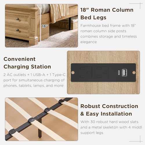 T4TREAM Farmhouse King Size Bed Frame with 54" Tall Storage Bookcase Headboard, 18" Roman Column Decoration Footboard,2 Drawer & 4 Storage Rack, Oak