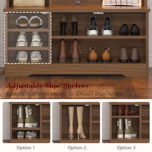CSZZD Hall Tree with Bench and Shoe Storage, Farmhouse Entryway Bench with Coat Racks and Led Lights, Tall Hall Tree with 7 Coat Hooks, 6 Storage Cubbies, Adjustable Shelf