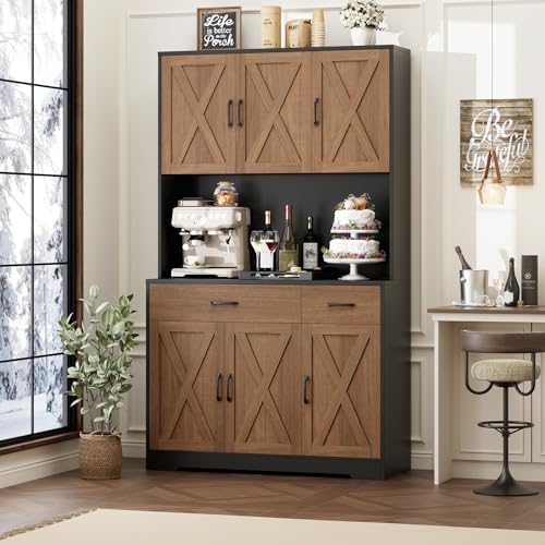 HOSTACK 71"H Kitchen Pantry Storage Cabinet, Farmhouse Hutch Cabinet, Brown