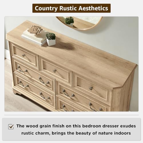 T4TREAM Farmhouse 7 Drawers Dresser for Bedroom, 54" Wide Wood Rustic Chest of Drawers with Natural Texture, Vintage Design, Storage Dressers Organizer for Bedroom, Living Room, Hallway, Natural Oak
