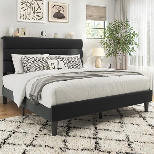 Fluest Queen Bed Frame, Platform Bed Frame with Velvet Upholstered Headboard, No Box Spring Needed, Sturdy Metal Support, Noise Free, Easy Assembly, Modern Bedroom Furniture, Black