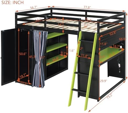 Merax Full Size Loft Bed with Desk and 6 Storage Shelves, Wardrobe, Blackout Curtain, Sturdy Wood Gaming Loft Bunk Bed Frame with USB Port & RGB Lights, No Box Spring Need, Space-Saving, Black+Green