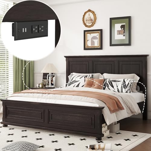 Wood Bed Frame King with Tall Headboard & Footboard, Traditional King Panel Bed with USB Charging Station for Bedroom, Guest Room, Easy Assembly, No Box Spring Required,Brown