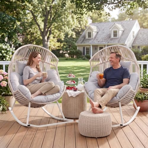 Shintenchi Egg Chair Outdoor, Oversized Outdoor Indoor Wicker Rocking Chair, Large PE Rattan Egg Rocking Chair with Cushion for Patio, Balcony, Backyard, Garden, Light Gray