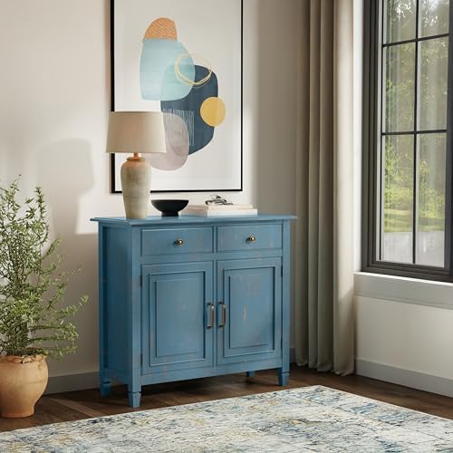 SIMPLIHOME Connaught 40" Wide Solid Wood Cabinet in Distressed Coastal Blue
