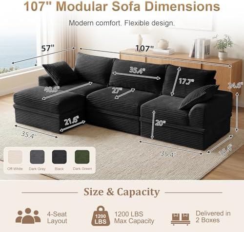 Upgraded Boneless Couch with Storage, Sectional Couches for Living Room, L-Shaped Modular Cloud Corduroy Sofa with Ottoman & Pillows, Oversized Deep Seat Memory Foam Couch, No Assembly(Black, 107" L)