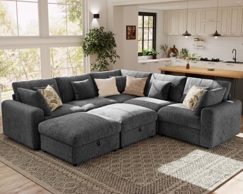 Ihanherry Oversized Cloud Sectional Couches for Living Room, Modular Sectional Sofa with Wide Deep Seat, Coner Couch with Throw Pillow and Storage Ottoman, Dark Grey