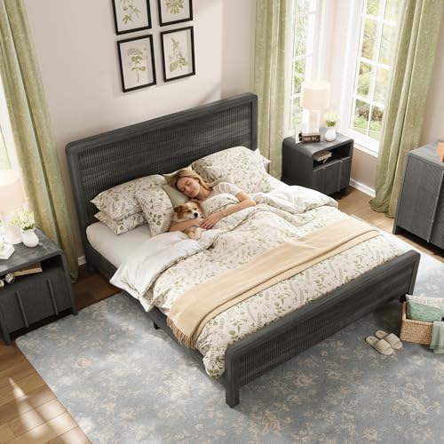 AMERLIFE Queen Wood Bed Frame with Fluted Headboard & Footboard, Black