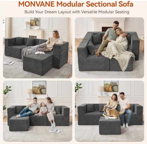 MONVANE 103'' Modular Sectional Sofa, Comfy Chenille Cloud Couch with Ottoman, Modern Convertible L Shaped Couch with Deep Seat, Sectional Couches for Living Room, No Assembly Required, Grey