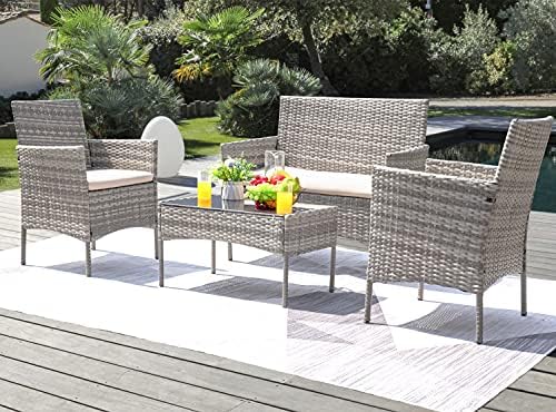 Greesum Patio Furniture 4 Pieces Conversation Sets,Gray and Beige