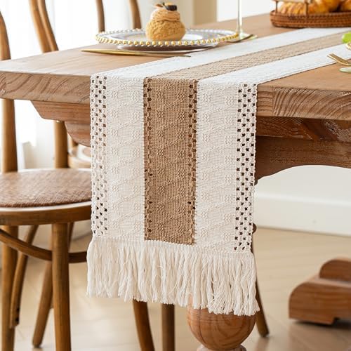 FEXIA Boho Table Runner for Fall Home Decor 12x72 Burlap with Tassels