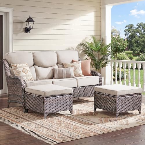 Luxury 3 Pieces Patio Furniture Sets-All Weather Wicker Rattan 3-Seat Sofa Set with Comfy 6" Cushion, Multifunctional Ottomans Patio Conversation Set for Deck Backyard Garden(Brown/Beige)