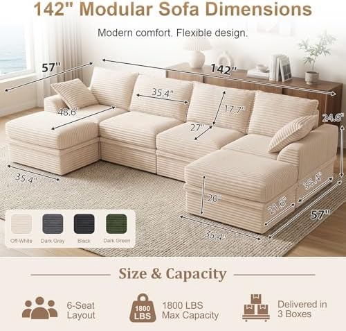 142" Oversized Modular Sectional Couches for Living Room, Corduroy 6-Seat Large Upgraded Boneless Couch with Storage & Ottoman, Deep Seat, U Shaped Memory Foam Sofa-in-a-Box, No Assembly, Beige