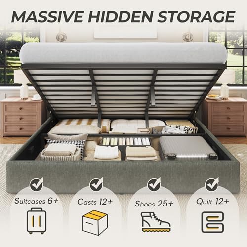 HISOFT Queen Size Lift Up Storage Bed Frame, Linen Upholstered Platform Bed with Wingback Headboard, Heavy Duty Hydraulic Gas Lift Underbed Space, Reinforced Full Metal Slats, Noise Free, Grey