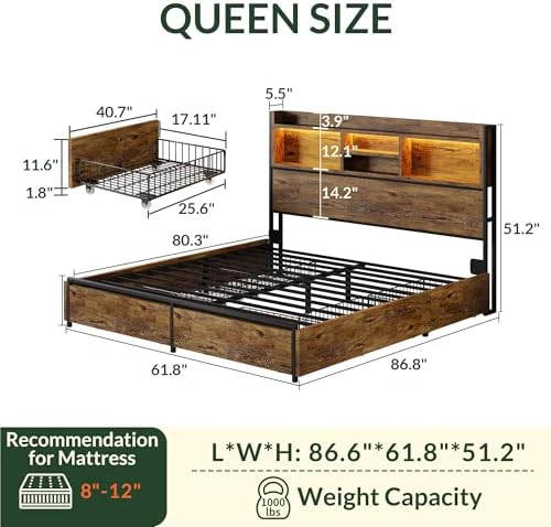 LARMACE Queen Size Bed Frame with 6 Storage Drawers and Headboard Wooden Platform Bed Frame with LED Lights and Charging Station Easy Assembly/No Box Spring Needed/Vintage Brown