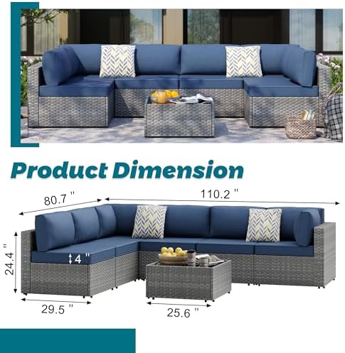 SUNLEI 7pcs Patio Conversation Sets Outdoor Furniture Sets, High Back All-Weather Rattan Sectional Sofa with Tea Table&Washable Couch Cushions(Silver Rattan) (Aegean Blue)