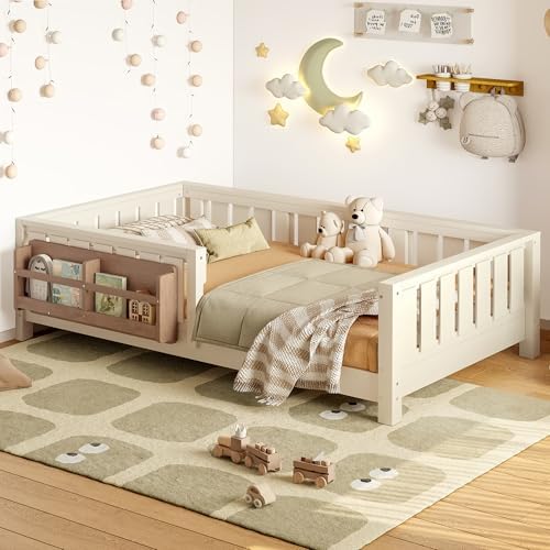 Bellemave Twin Size Montessori Floor Bed with Rails and Slats, Twin Size Floor Bed with Bookshelf and Fence, Low Profile Montessori Beds Frame for Girls, Boys, Beige