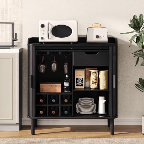 ONBRILL Fluted Bar Cabinet with Storgae, Wine Cabinet, 33" H, Black