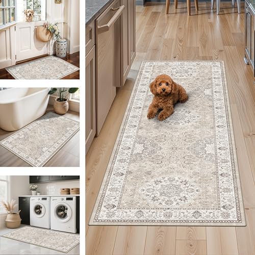 4 Pieces Kitchen Rug Set: Washable Water Resisitant Carpet for Sink Stove Area Soft Floor Mats with Non-Slip Backing for Bathroom Low-Pile Runners for Family with Elderly Dogs(2x3+2x4+2x5+2x6,Beige)