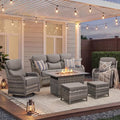 Luxury Patio Furniture Set with Fire Pit Table-6 Pieces All Weather Outdoor Swivel Rocker Chairs with Sofa and Ottomans. Outdoors Patio Conversation Sets for Porch Deck Garden Backyard(Grey/Grey)