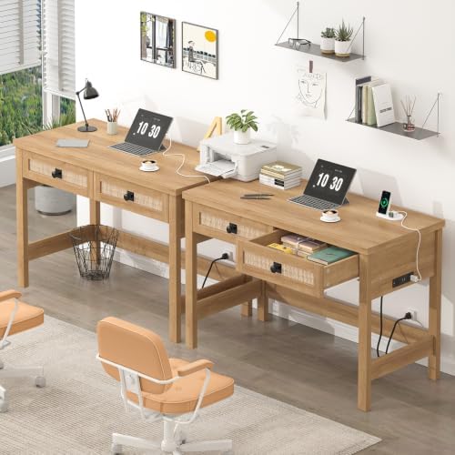 YOMILUVE Rattan Computer Desk with 2 Drawers, 39 Inch Small Desk with Power Outlets, Farmhouse Boho Vanity Desks, Compact Writing Study Table for Small Spaces, Oak