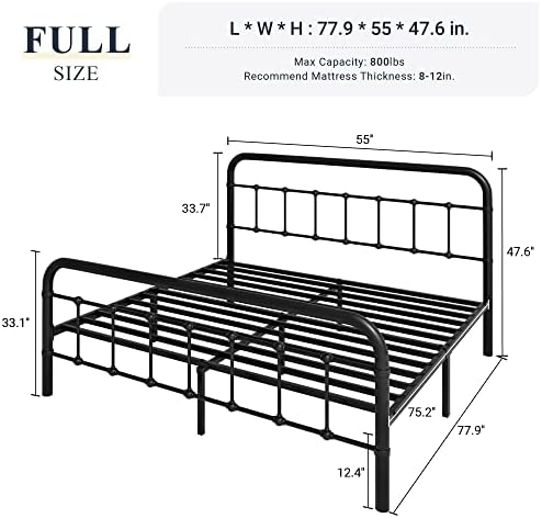 Allewie Full Metal Bed Frame with Victorian Iron-Art Headboard, Black