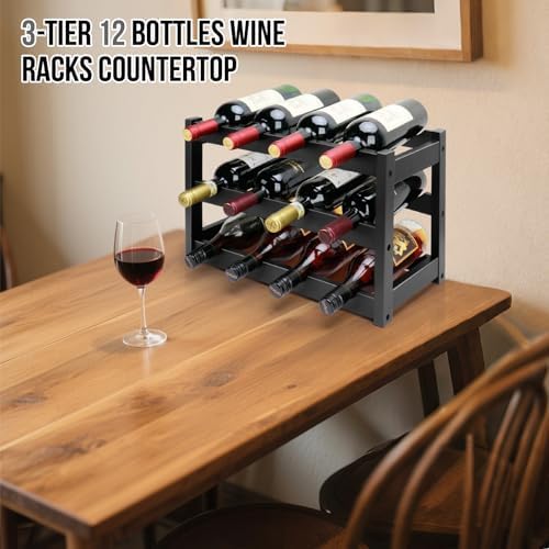 Bamboo Wine Rack, 3-Tier 12 Bottles Wine Storage Cabinet Shelf