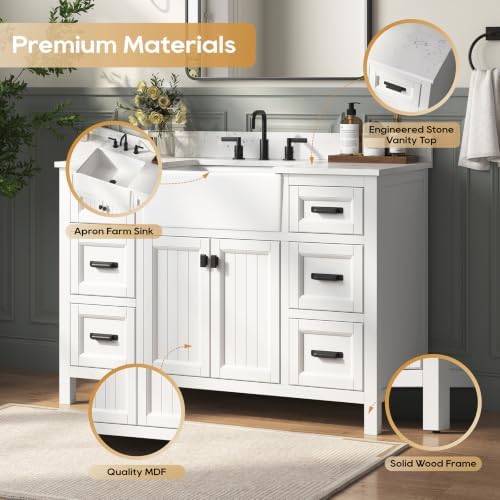 48 Inch Bathroom Vanity with Sink, Fully Assembled, White | Farmhouse Solid Wood Single Sink Bathroom Vanity with Soft Close Doors & Dovetail Drawers, Apron Farm Sink, 0.78" Stone Top