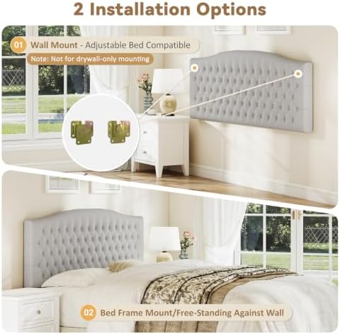 Befurtori King Headboard Only, Velvet Classic Tufted Design, Light Gray