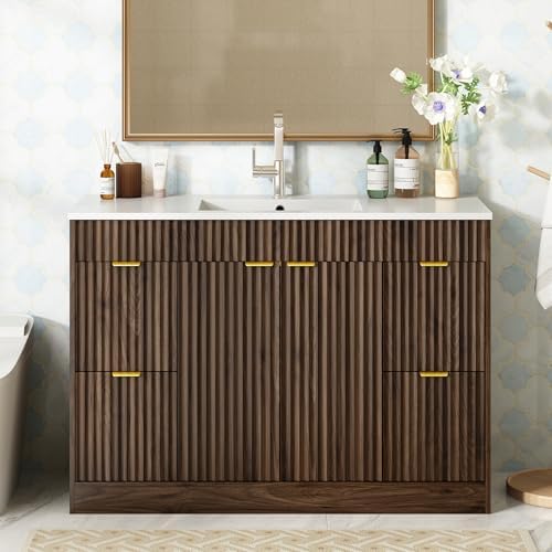 CARPETNAL 48 Inch Bathroom Vanity with Sink, Walnut. | Modern Fluted Bathroom Vanity with Sink with Storage Cabinet, Adjustable Shelf and 2 Soft Closing Doors & 4 Drawers.