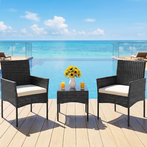 DUMOS Patio Furniture Set 3-Piece, Outdoor Wicker Bistro Set, Black