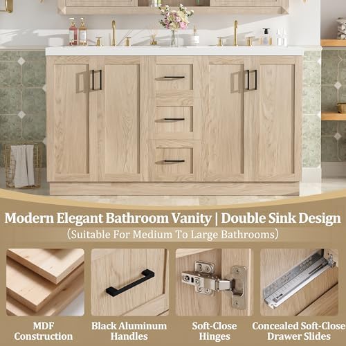 LUMISOL 60 Inch Bathroom Vanity with Double Sink, Wooden Freestanding Bathroom Cabinet with 3 Drawers & 4 Soft-Close Doors, Large Double Sink Vanity with SMC Sinks, Wood
