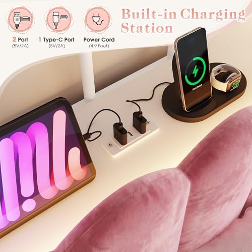 Homkdom Queen Size Canopy Bed Frame with 2 Drawers and LED & Charging,Pink