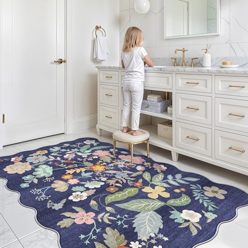 4x6 Living Room Area Rugs: Washable Boho Bedside Rug Non-Slip Floral Small Low Pile Carpet for Kitchen Bedroom Non-Shedding Floor Mat for Kids Room Office Durable Mat for High traffic Area(4x6，Purple)