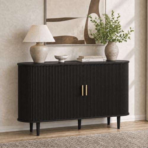 47.2" Sideboard Buffet Cabinet with Sliding Door,Fluted Cabinet with Storage & 2 Adjustable Shelfs,Mid Century Modern Coffee Bar Console Table for Kitchen, Living Room, Entryway，Black