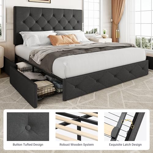 Allewie Queen Size Storage Bed Frame with 4 Underbed Drawers, Upholstered Platform Bed with Adjustable Headboard, Diamond Button Tufted, Easy Assembly, Noise-Free, No Box Spring Needed, Dark Grey