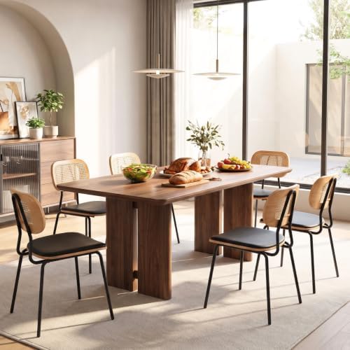 CIMOTA Rattan Dining Chairs Set of 6, Cane Back Kitchen Chairs with Metal Legs, Faux Leather Seat, Armless Dining Room Chairs for Kitchen, Black