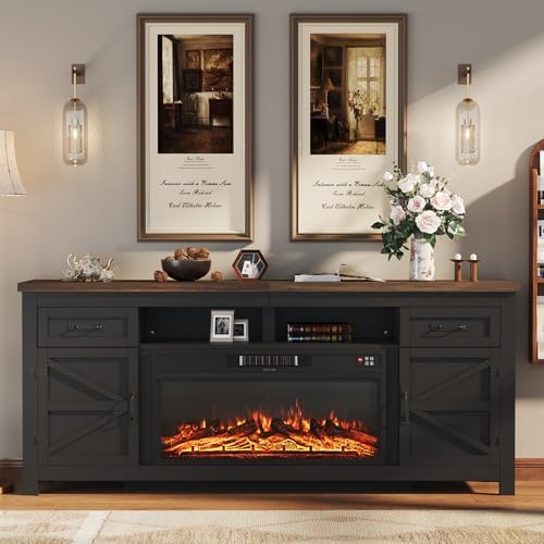 Fireplace TV Stand with Barn Door, 80 inch,Modern Black