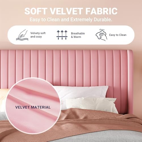 Allewie Queen Size Velvet Bed Frame/Vertical Channel Tufted Wingback Headboard/Upholstered Platform Bed/Strong Wooden Slats/No Box Spring Needed/Easy Assembly/Pink