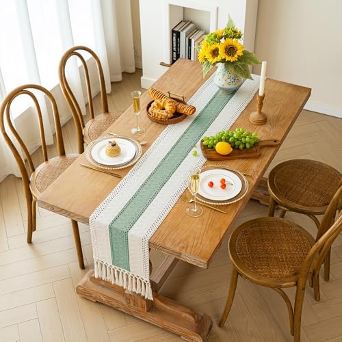 FEXIA Boho Table Runner for Home Decor 12x60 Sage Green Fall Decorations