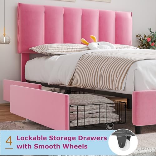 VECELO Queen Upholstered Bed Frame with 4 Storage Drawers and Adjustable Velvet Headboard, Heavy-Duty Platform bedframe, No Box Spring Needed, Pink