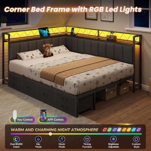 DICTAC Corner Queen Bed Frame with 6 Storage Drawers and Upholstered Guardrail, Queen Size Platform Bed Frame with Storage Shelves,Charging Station & RGB Led Lights,Modern Daybed for Teens Adult,Grey