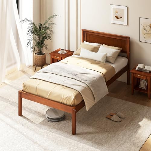GIANTEX Twin Bed Frames with Headboard, Solid Wood Platform Bed with Wood Slat Support, Single Bed with 16" Under Bed Storage, Twin Bed Frames for Kids Adults Guests, Easy Assembly, Walnut