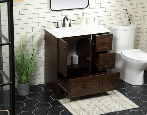 32" Pre-Assembled Bathroom Vanity with Sink, Engineered Wood, Ivory White Engineered Marble Countertop Attached, Single Rectangle Porcelain Sink, 4 Soft-Close Drawers, Expresso
