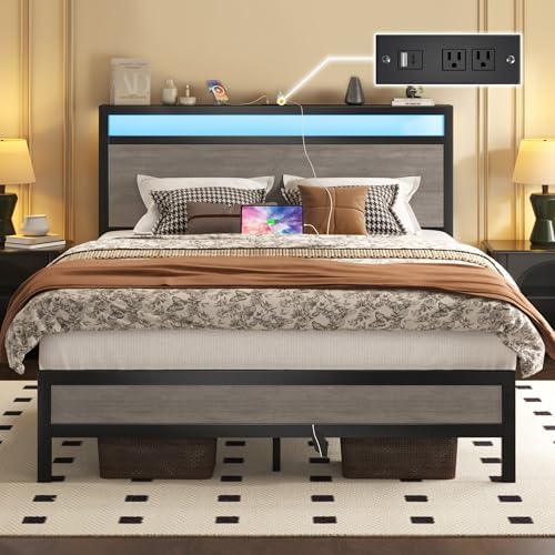 Fluest Full Bed Frame with Headboard & Footboard, Full Bed Frame with Built-in Charging Station & LED Light, Storage Shelf, Noise-Free, No Box Spring Needed, Easy Assembly, Rustic Grey