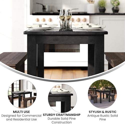 Merrick Lane Jessamine 46" x 30" Rectangular Rustic Solid Pine Farm Dining Table, Antique Farmhouse Wooden Dining Table for Kitchens and Parties, Black Wash