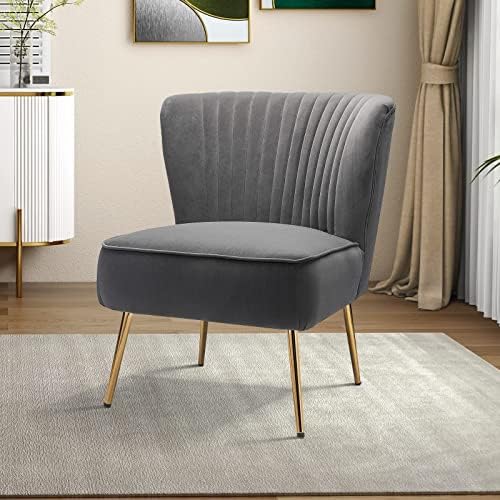 HULALA HOME Velvet Accent Chair, Modern Upholstered Cute Side Chair with Gold Metal Legs, Armless Wingback Slipper Chair Comfy Living Room Chair for Bedroom Guest Room Vanity,Grey