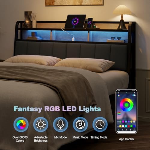 Queen Headboard Only with Storage, Charging Station, Black&Brown